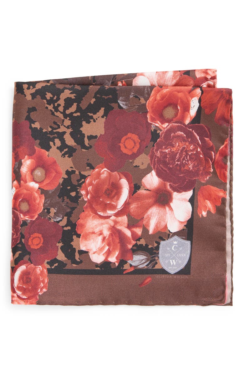 CLIFTON WILSON Red & Brown Floral Silk Pocket Square, Main, color, 