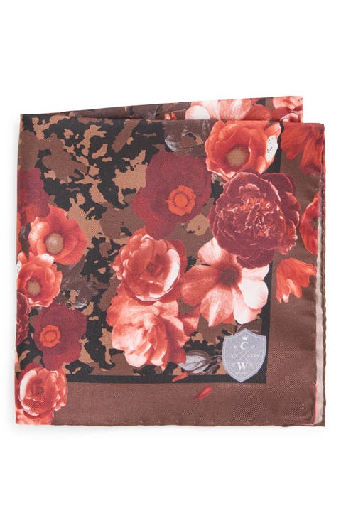 Red & Brown Floral Silk Pocket Square