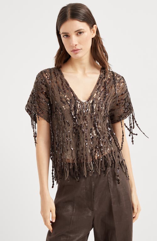 Brunello Cucinelli Women Brown Knit Dazzling Abstract Embroidery Top In Chocolate