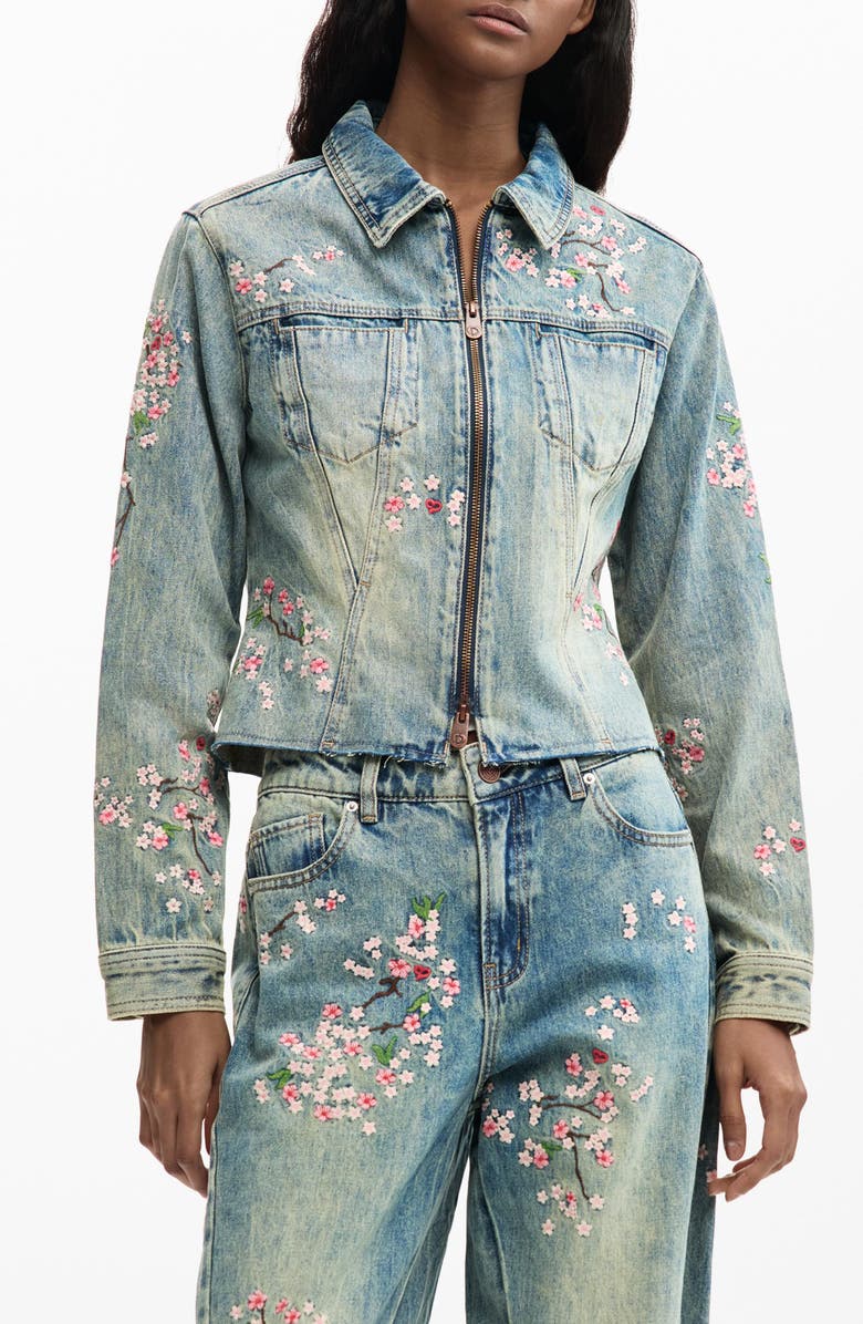 Desigual Embroidered Denim Trucker Jacket, Main, color,