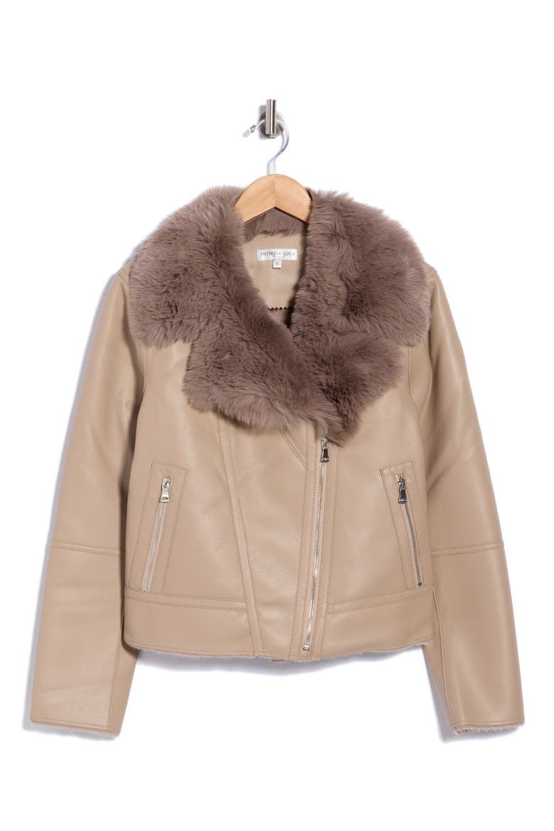 Faux Fur Collar Moto Jacket, Alternate, color, TAUPE