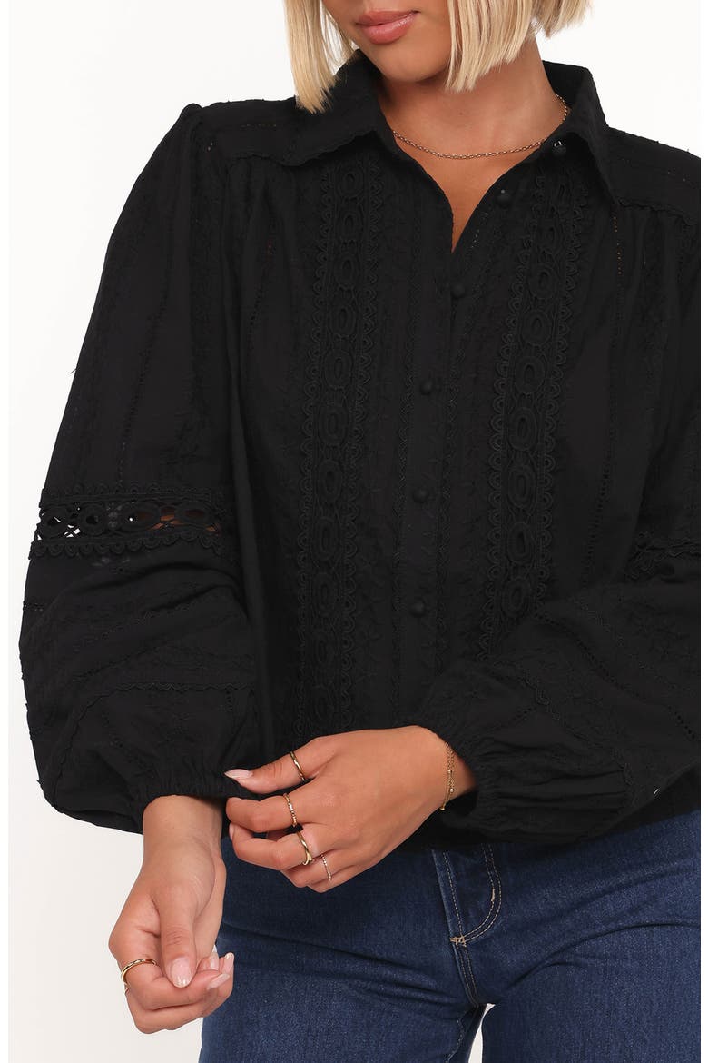 Catania Lace Panel Cotton Button-Up Shirt, Alternate, color, BLACK