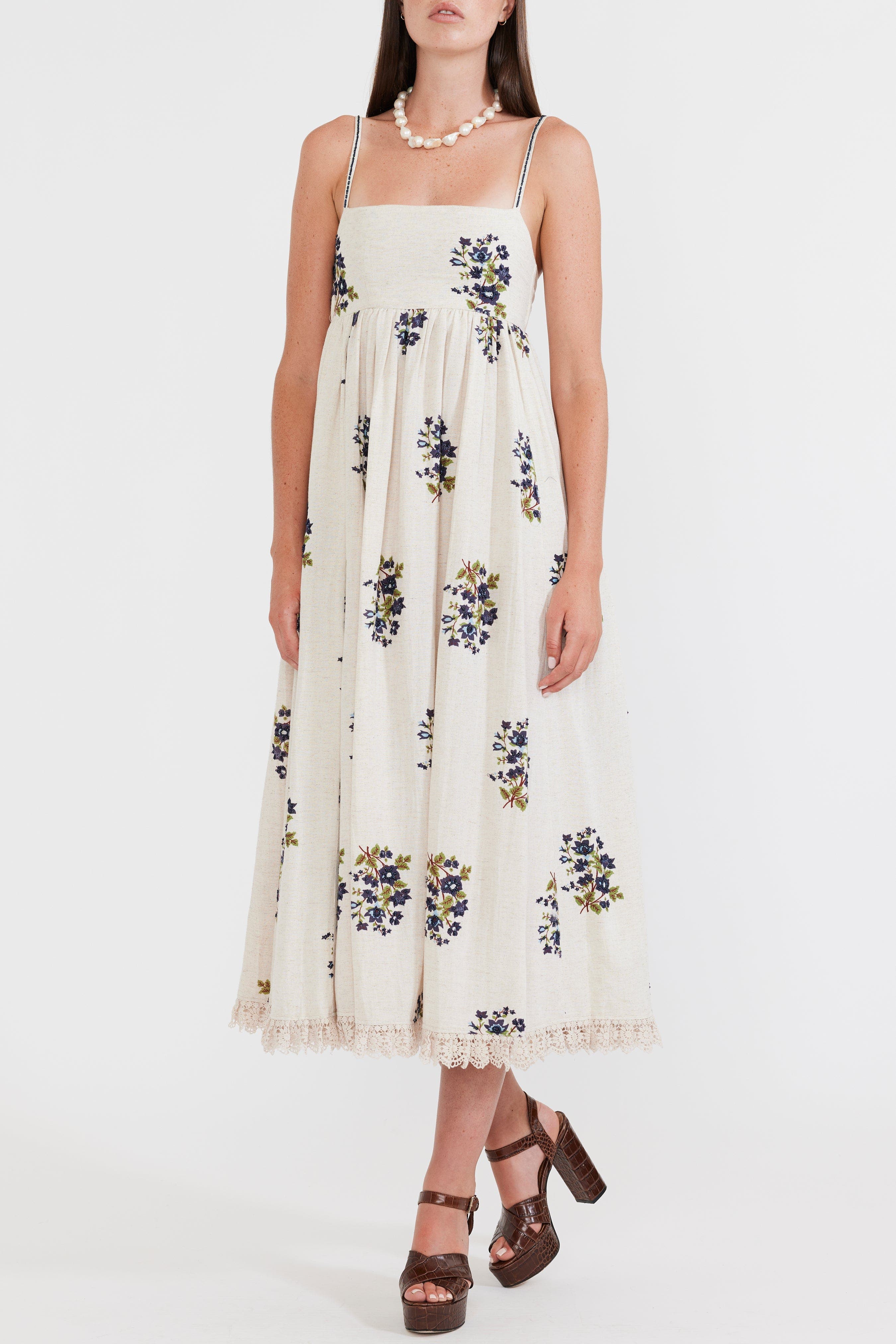 Eddy Gavin Midi Dress in Oatmeal Bluesy Beaded Floral 