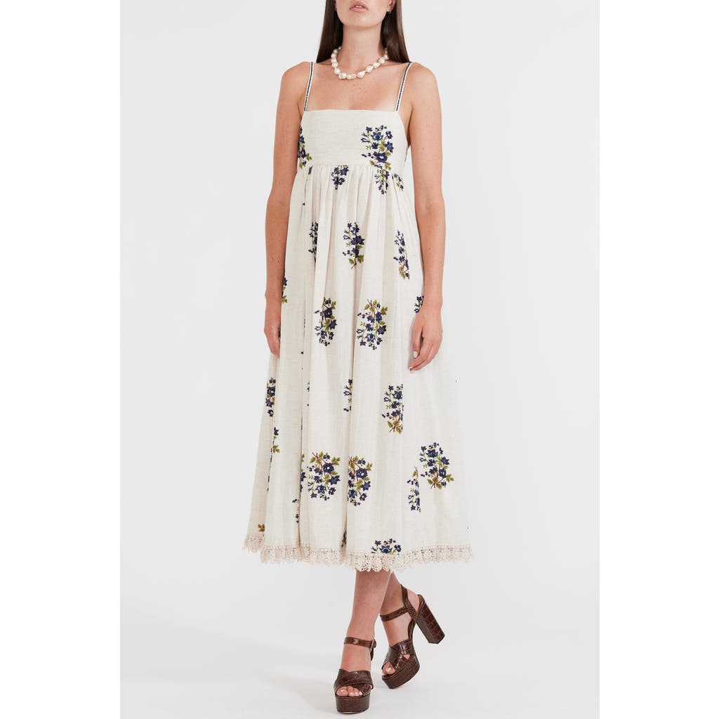 Eddy Gavin Midi Dress in Oatmeal Bluesy Beaded Floral