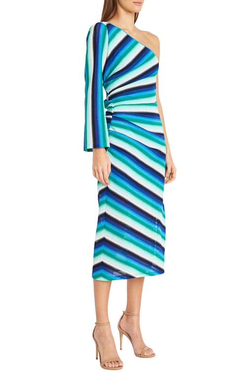 Donna Morgan For Maggy Stripe Ruched One-shoulder Knit Midi Dress In Blu Comb 2