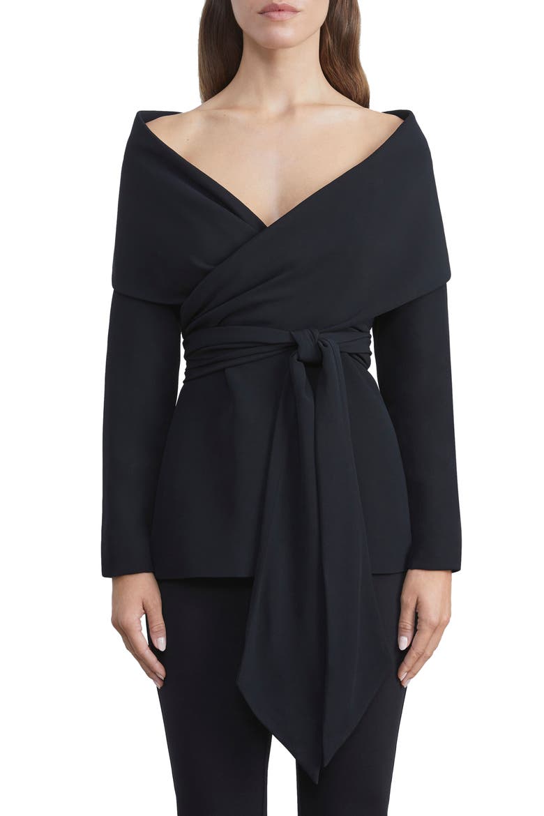 Portrait Collar Crepe Wrap Jacket, Main, color, BLACK
