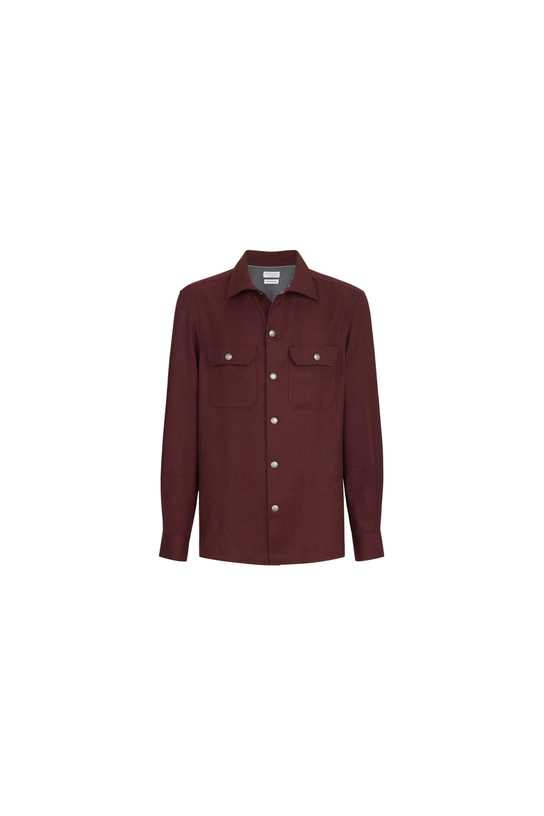 Virgin wool flannel overshirt with spread collar and chest pockets, Alternate, color, Burned
