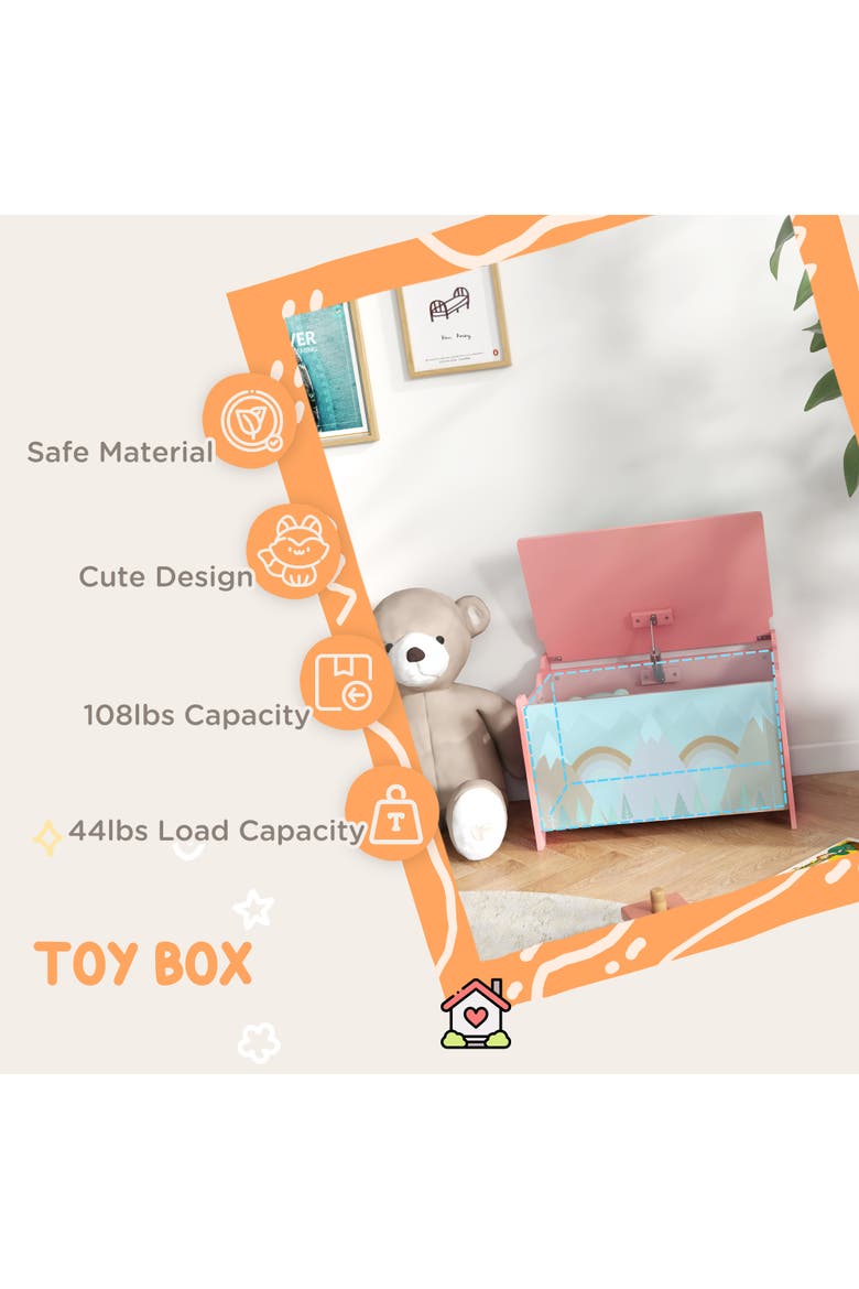 Kids Toy Box with Lid, Safety Hinge, Cute Animal Design, Storage, Alternate, color, Pink