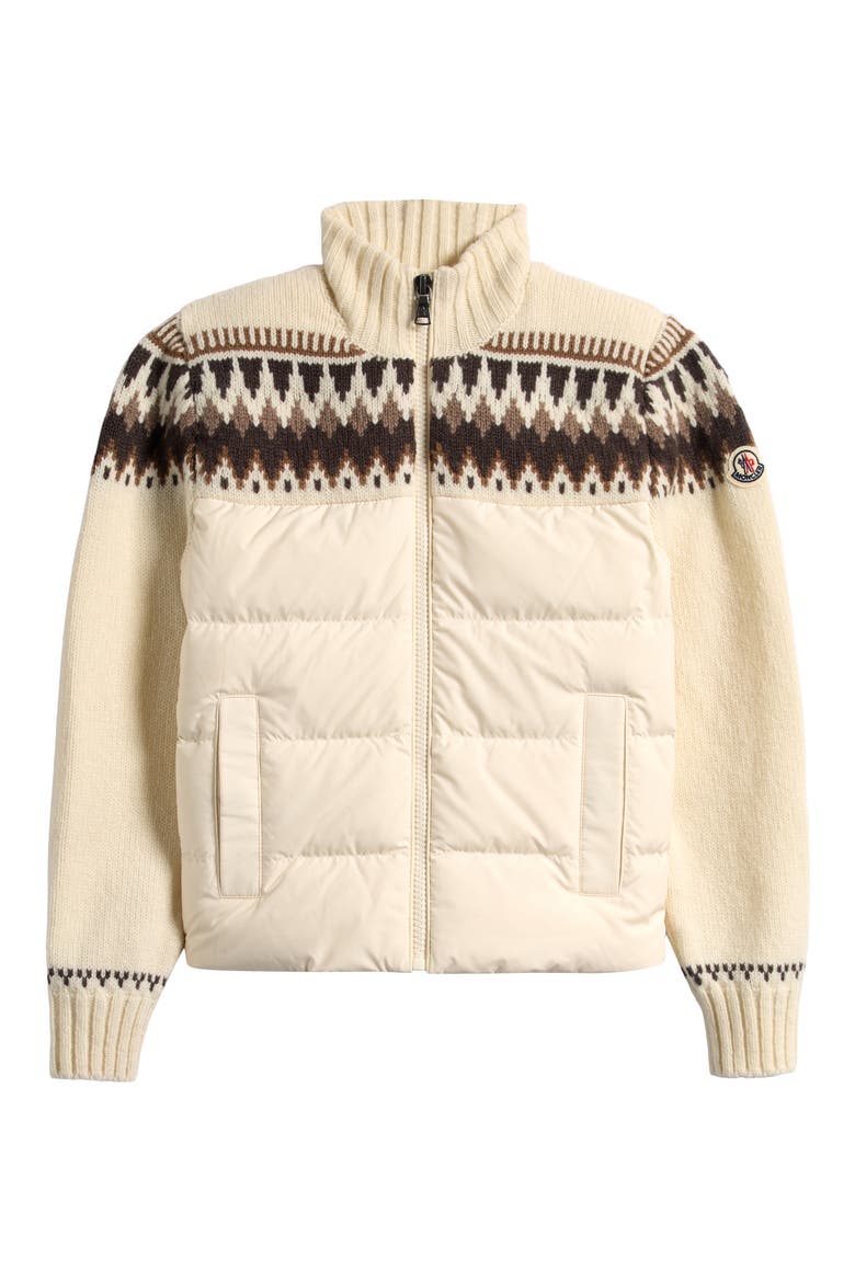 Kids' Fair Isle Wool Knit & Quilted Down Cardigan, Main, color, WHITE