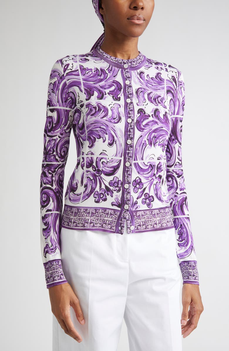 Dolce&Gabbana Majolica Print Silk Cardigan, Alternate, color, H25dq Maiolica 1L Viola