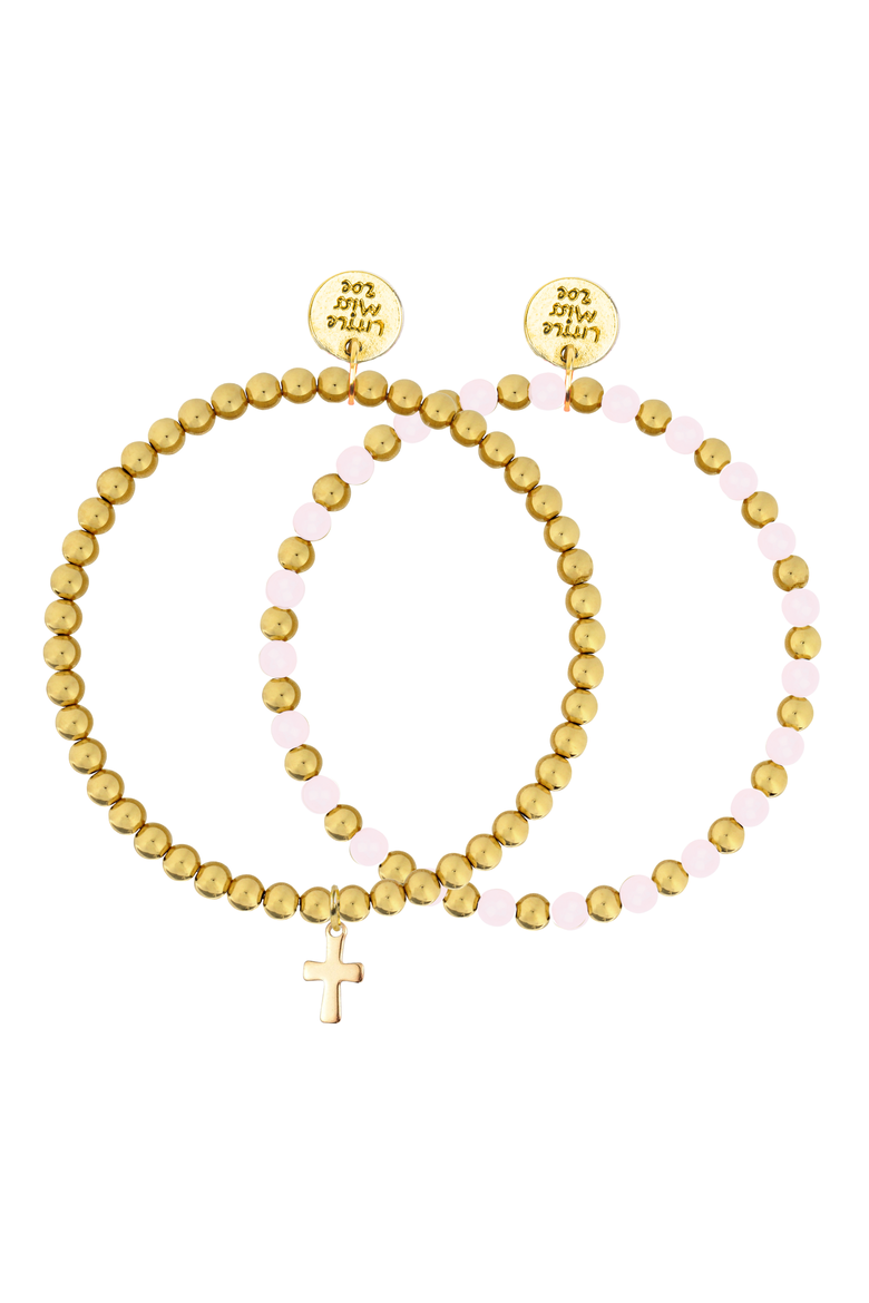Cross Gemstone and Delicate Gold Bracelet Set, Main, color, Pink