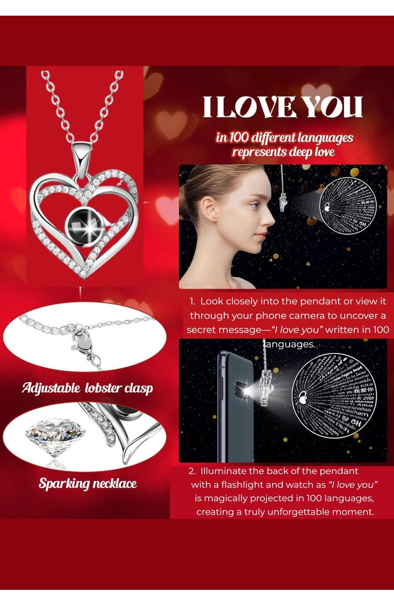Lovery Preserved Red Rose with LED Lights & Double Heart Necklace - "I Love You" in 100 Languages, Alternate, color, Black, Red
