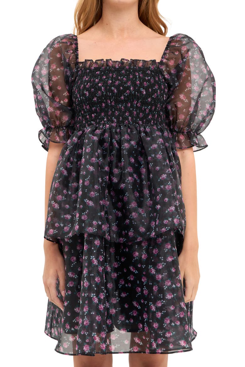 Floral Shirred Puff Sleeve Organza Dress, Alternate, color, BLACK NAVY