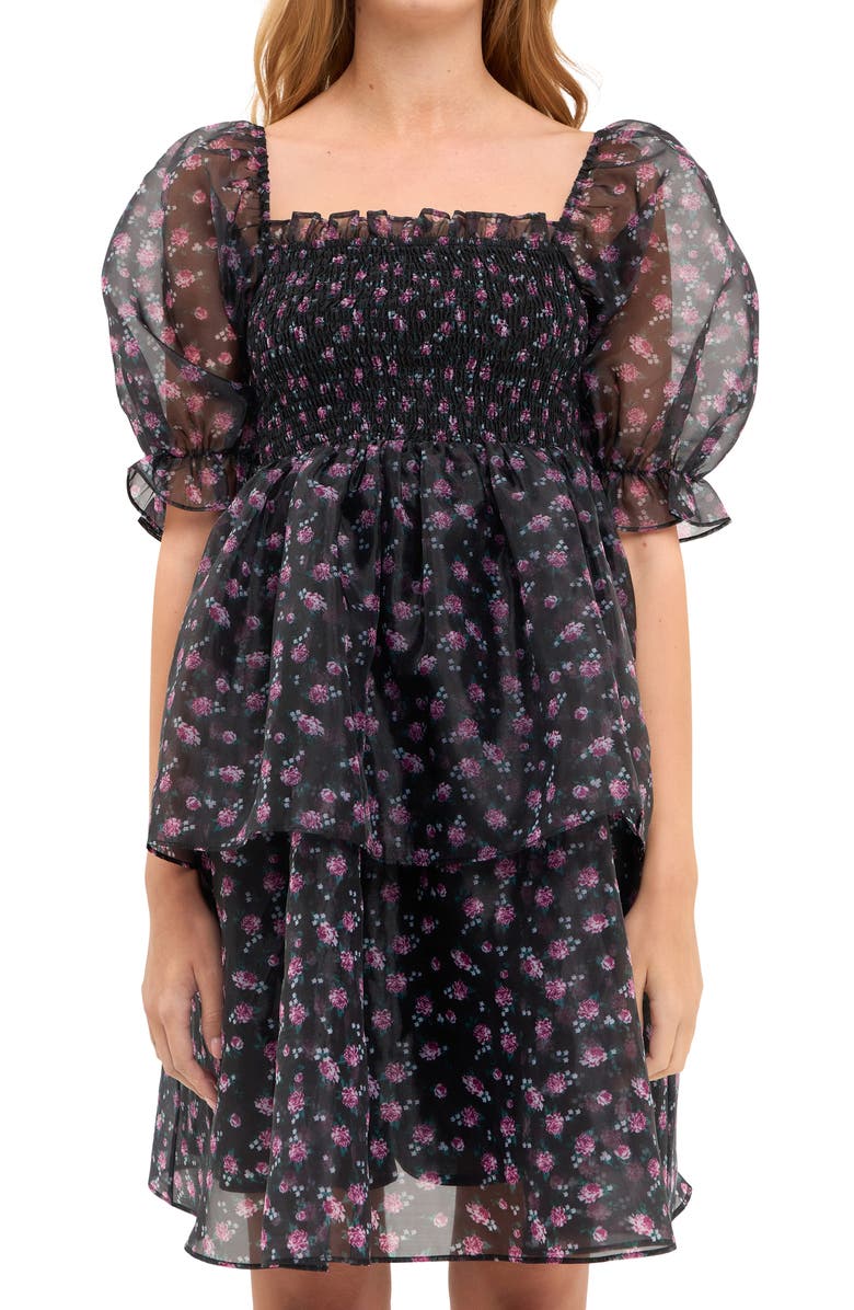 Endless Rose Floral Shirred Puff Sleeve Organza Dress, Alternate, color, Black Navy