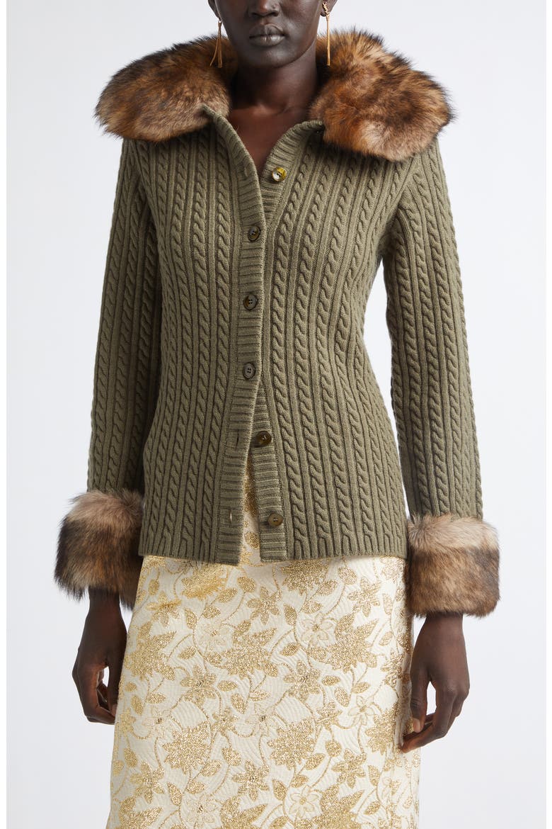 Genuine Shearling Trim Cashmere Cable Cardigan, Main, color, KAKI/ FAUVE