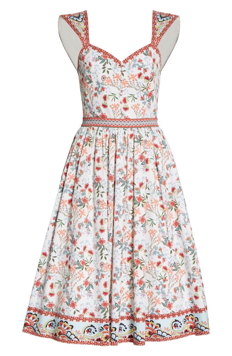 Alice + Olivia Portia Floral Sweetheart Neck Stretch Cotton Midi Dress, Alternate, color, 