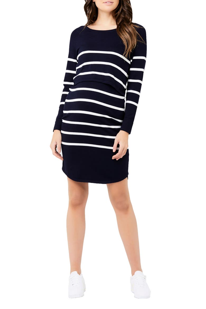 Valerie Stripe Long Sleeve Tunic Maternity Sweater Dress, Main, color, NAVY
