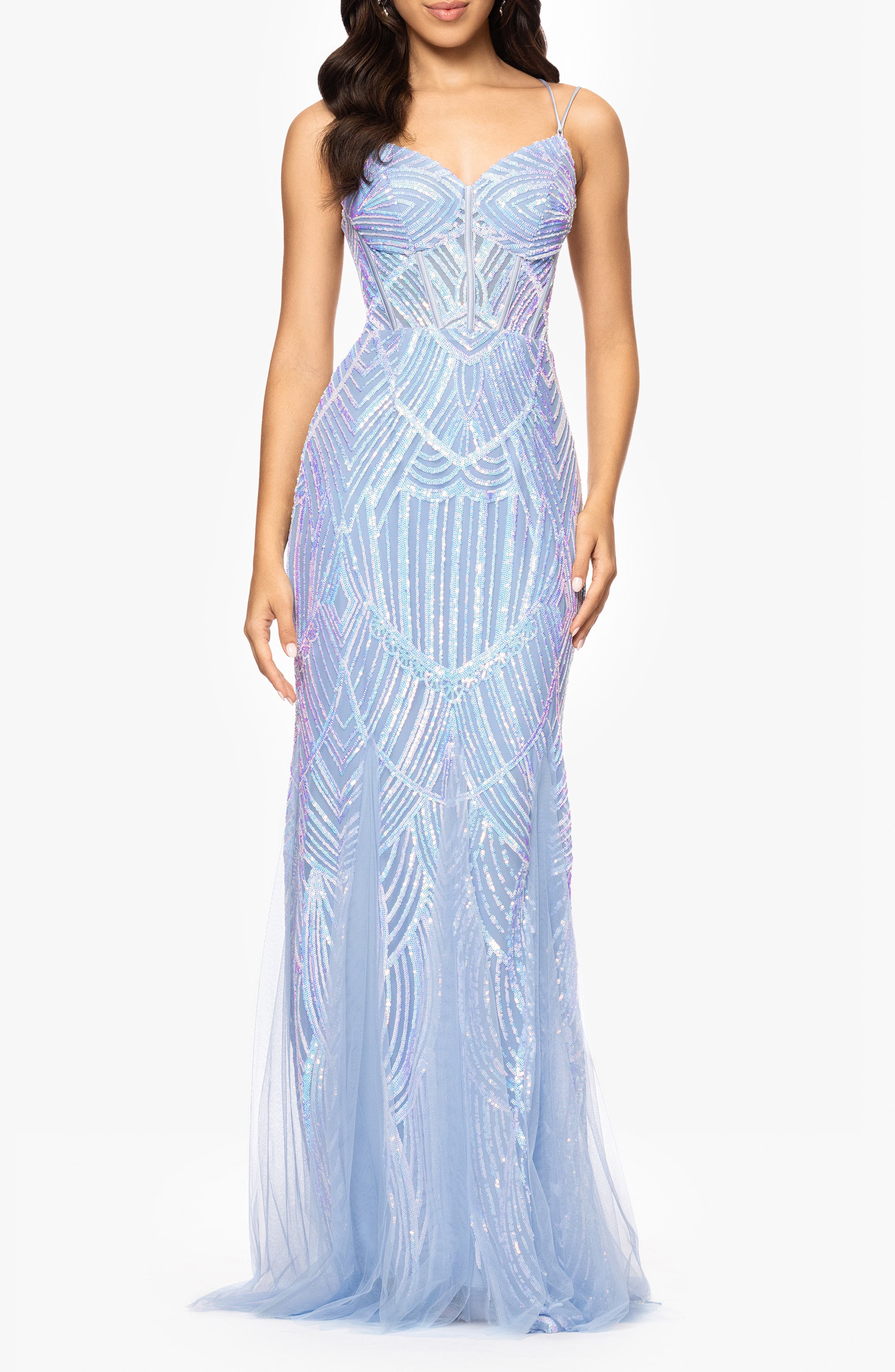 Blondie Nites Sequin Corset Mesh Godet Mermaid Gown in Ice Blue 