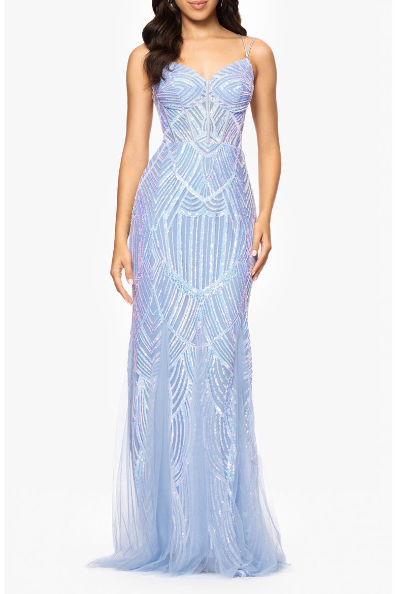 Sequin Corset Mesh Godet Mermaid Gown, Main, color, ICE BLUE