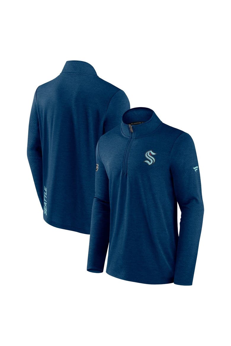 Men's Fanatics Branded Heather Deep Sea Blue Seattle Kraken Authentic Pro Rink Quarter-Zip Jacket, Main, color, Heather Navy
