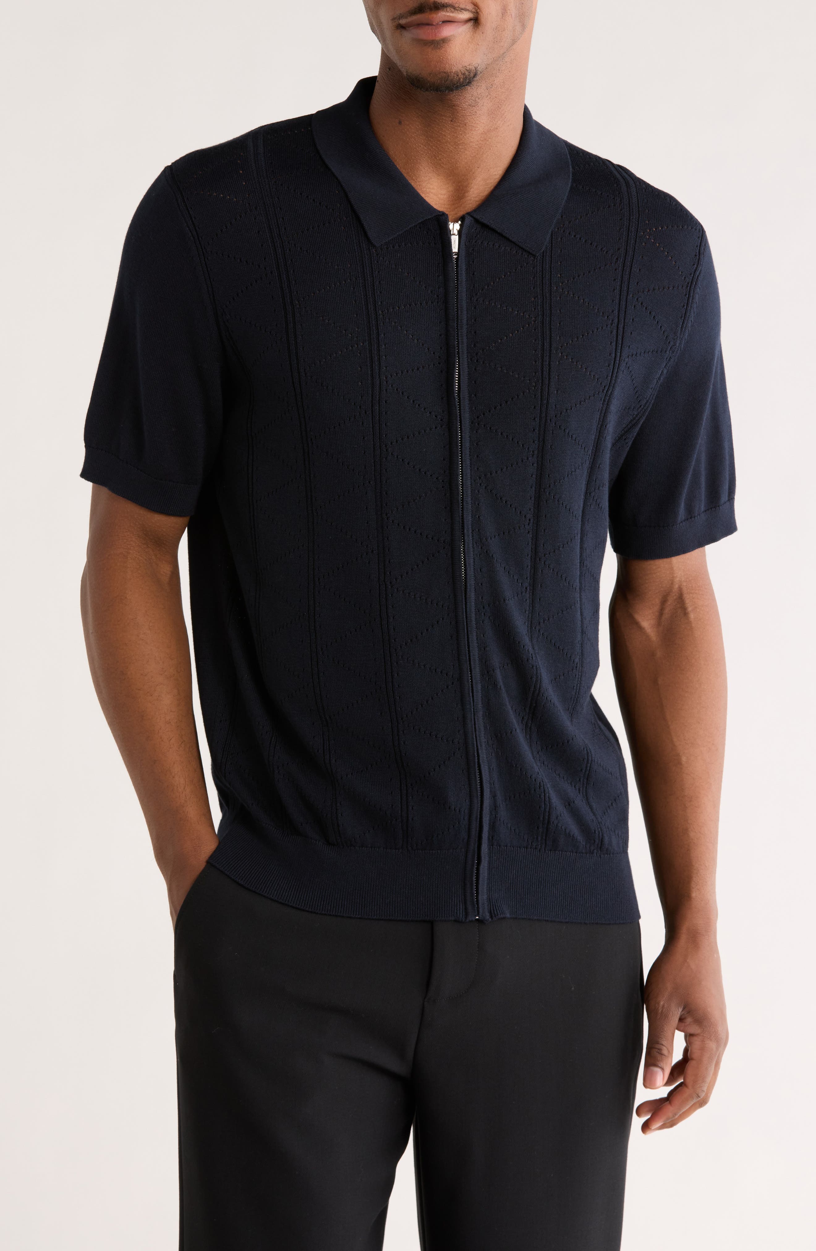 JASON WU Pointelle Zip Front Knit Polo