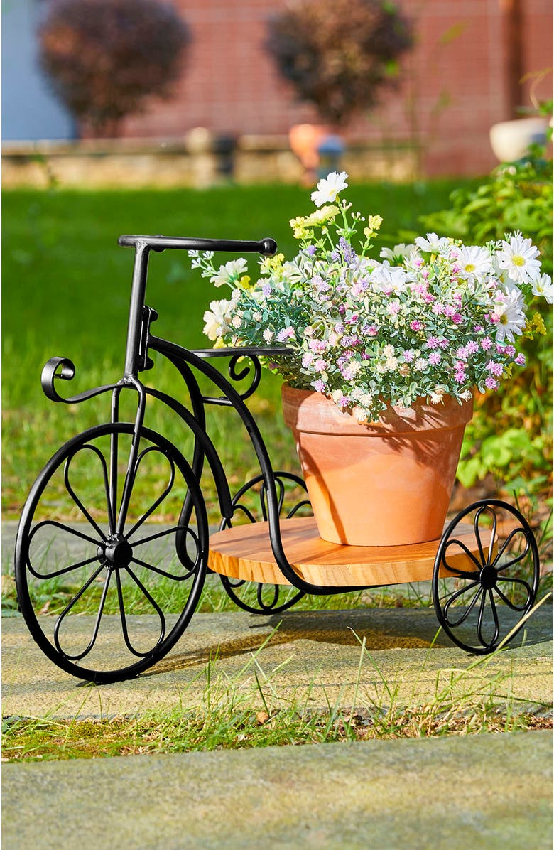 Glitzhome 18"L Solid Wood and Metal Tricycle Planter Stand with Tray, Alternate, color, Black