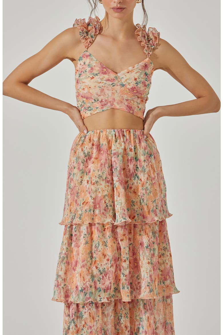 Floral Ruffle Strap Plissé Crop Top, Alternate, color, GREEN ORAN