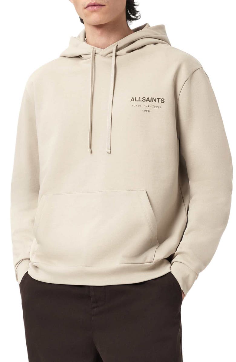 AllSaints Underground Logo Graphic Hoodie, Alternate, color, Sandstone Taupe