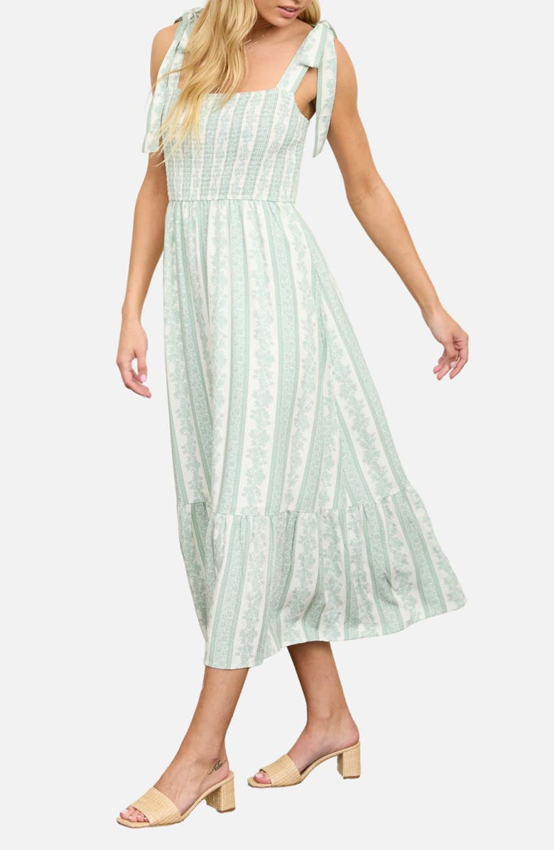 AUGUST SKY Shoulder Tie Smocked Midi Dress, Alternate, color, Ivory/ Green
