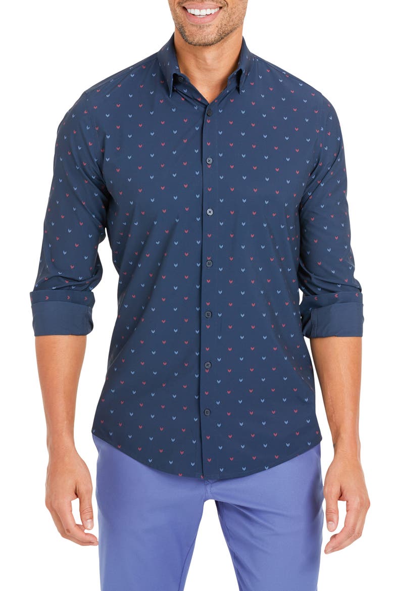 Lightweight Leeward Stretch Print Button-Up Shirt, Main, color, RED AND NAVY ARROW PRINT