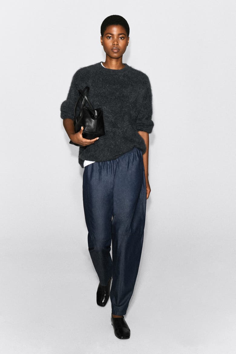 Elasticated Barrel-Leg Denim Pants, Alternate, color, DARK BLUE