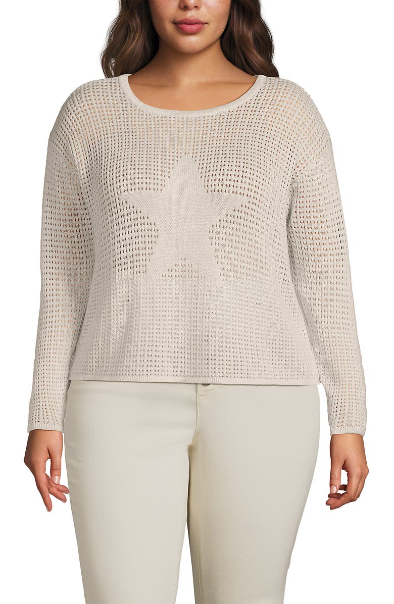 Lands' End Cotton Viscose Mesh Jacquard Crew Neck Sweater, Main, color, Oatmeal Snow Heather