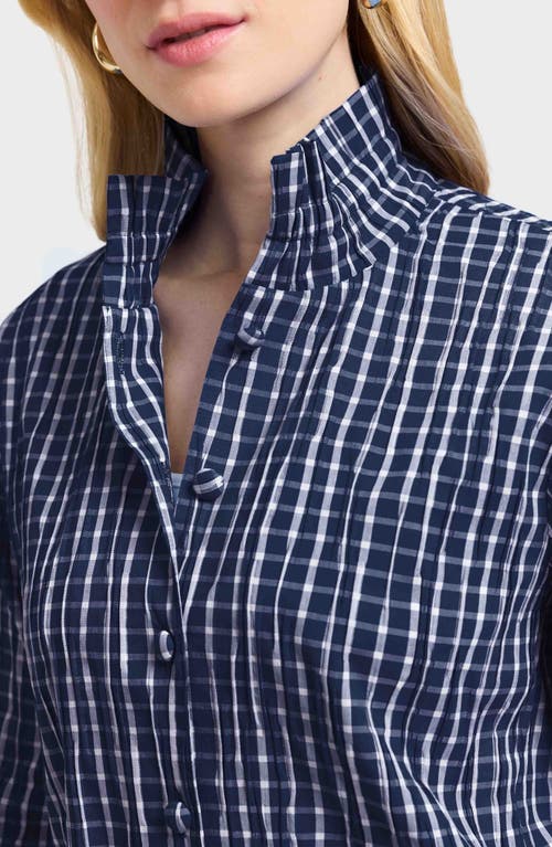 Foxcroft Carolina Crinkled Gingham Cotton Blend Shirt Jacket In Navy/white