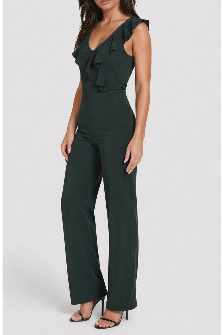 Scuba Crepe Ruffle V-Neck Jumpsuit, Alternate, color, HUNTER