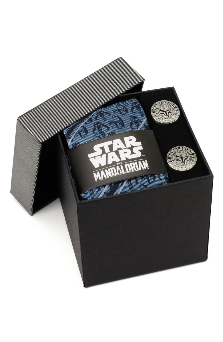 Cufflinks, Inc. Star Wars<sup>™</sup> Mandalorian Jacquard Stripe Tie & Cuff Links Set, Alternate, color, Blue Multi