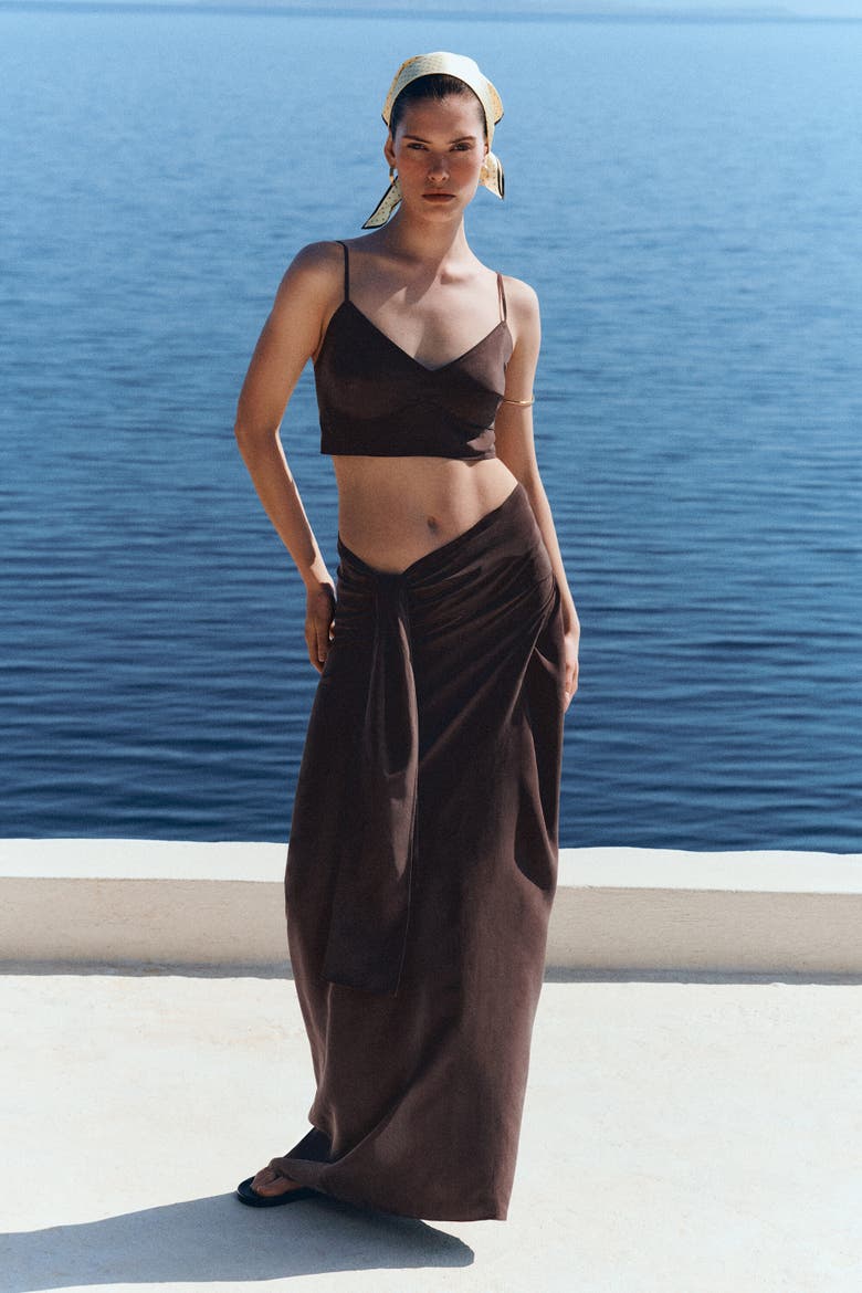 Draped Tie-waist Silk Maxi Skirt, Alternate, color, BROWN
