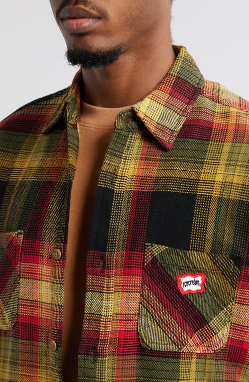 ICECREAM ICECREAM BLOCKY PLAID COTTON FLANNEL BUTTON-UP OVERSHIRT 
