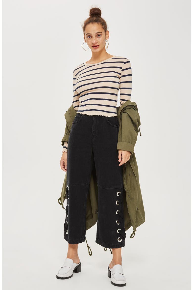 Petite Stripe Lettuce Trim T-Shirt, Alternate, color, NUDE MULTI