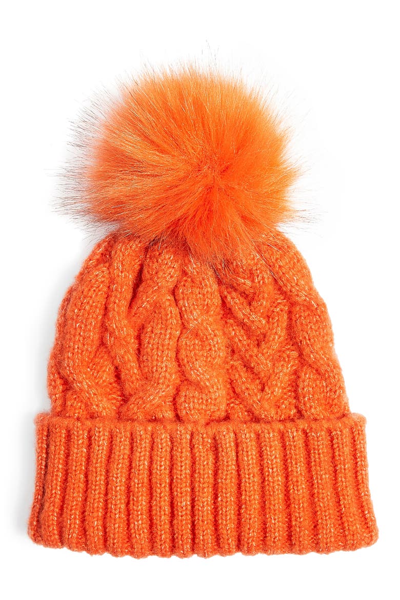 Faux Fur Pom Beanie, Main, color, ORANGE