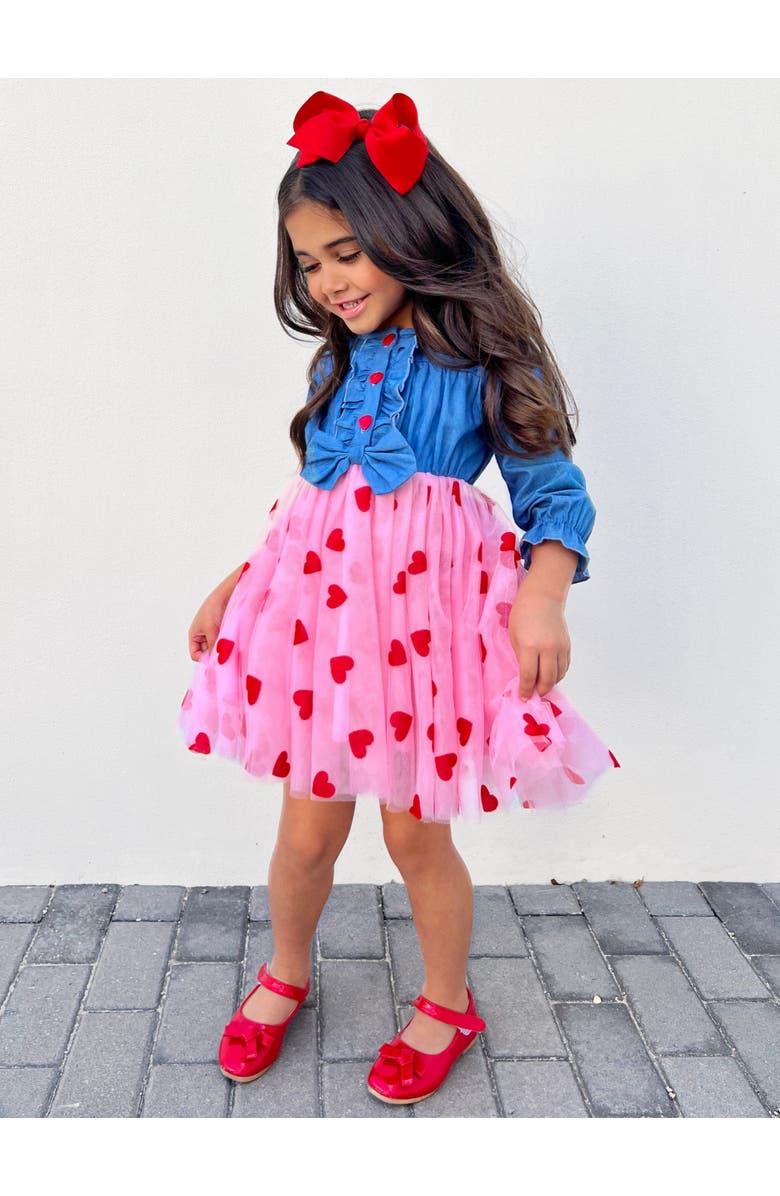 Mia Belle Girls Twirl Into My Heart Chambray Tutu Dress, Alternate, color, Red