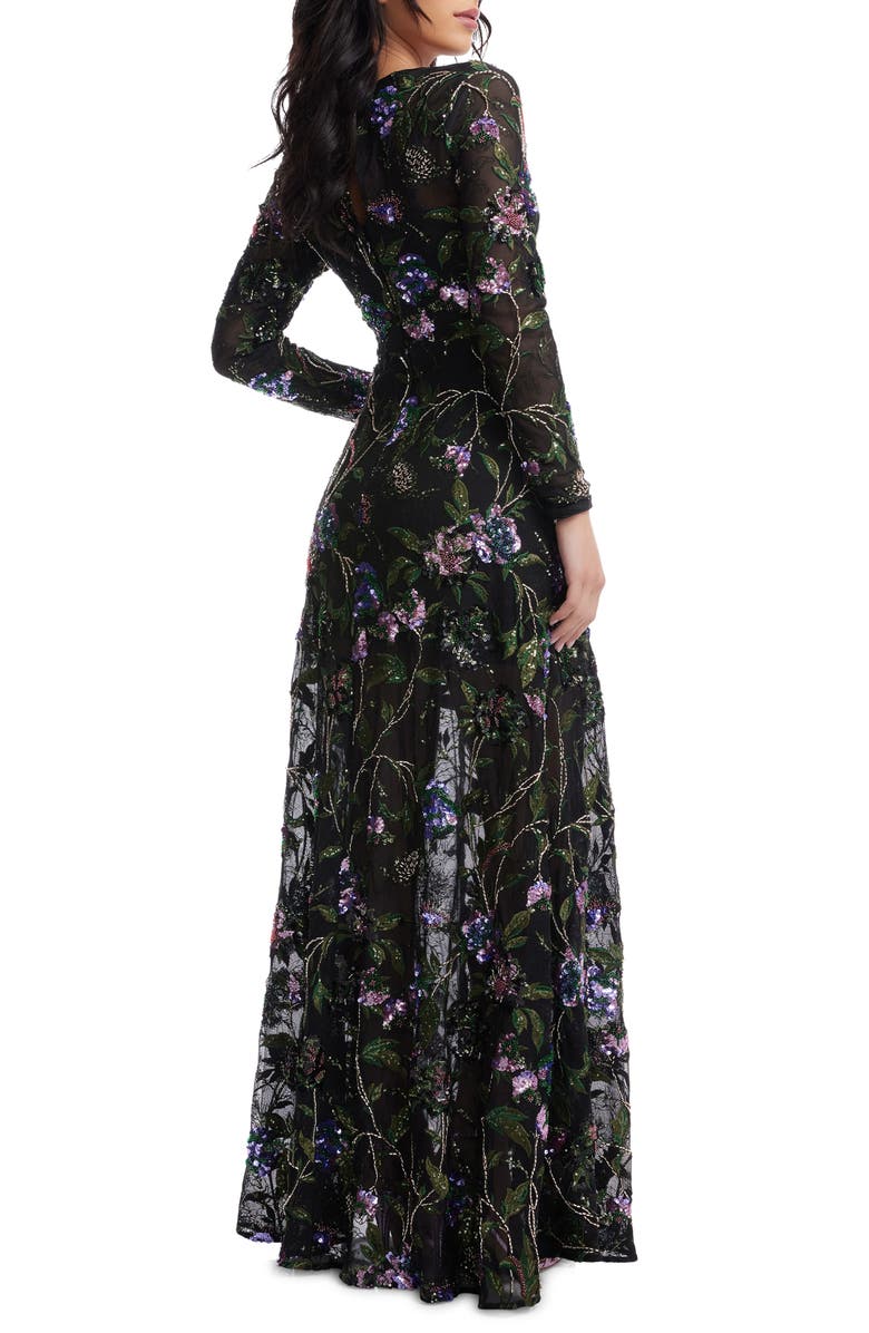 Dress the Population Ava Sequin Floral Long Sleeve A-Line Gown, Alternate, color, Black Multi