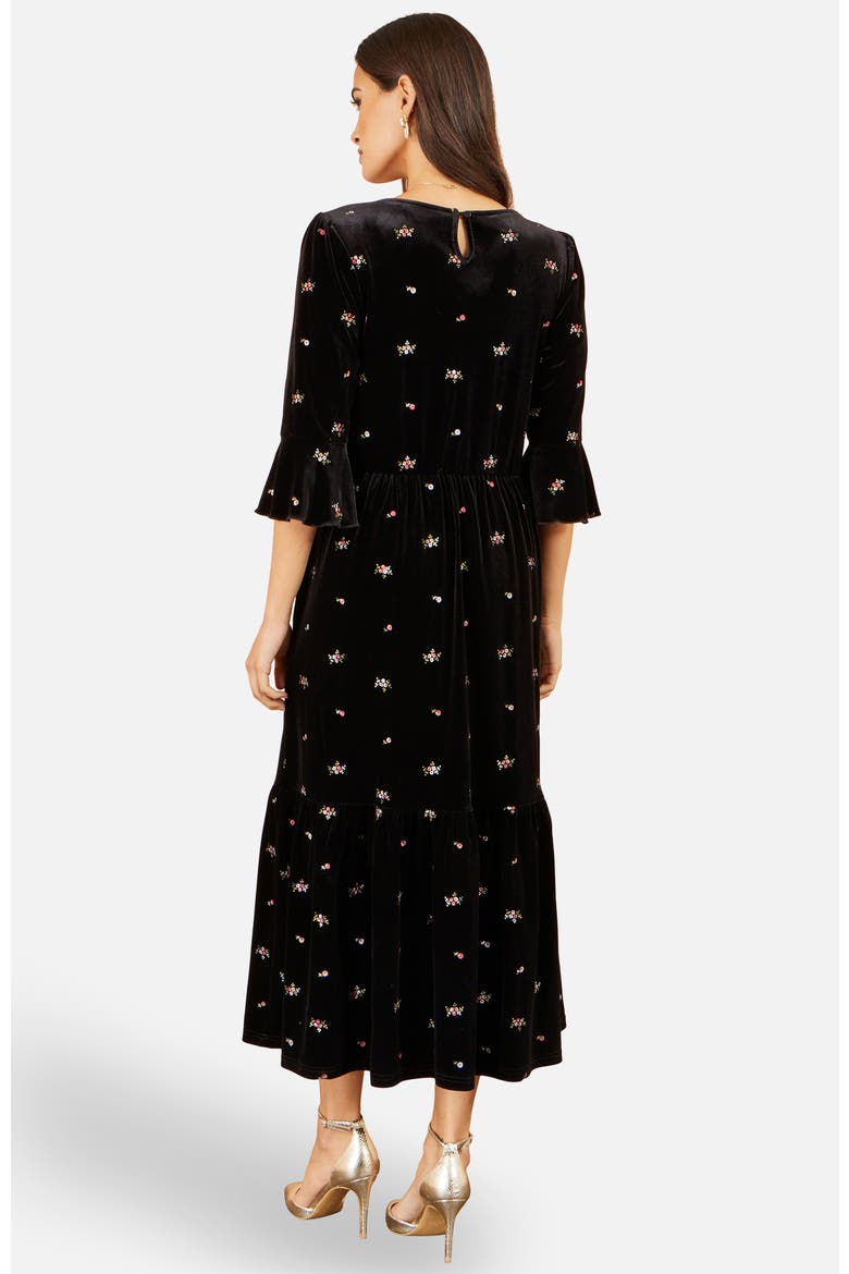 Velvet Embroidered V-Neck Midi Dress, Alternate, color, Black