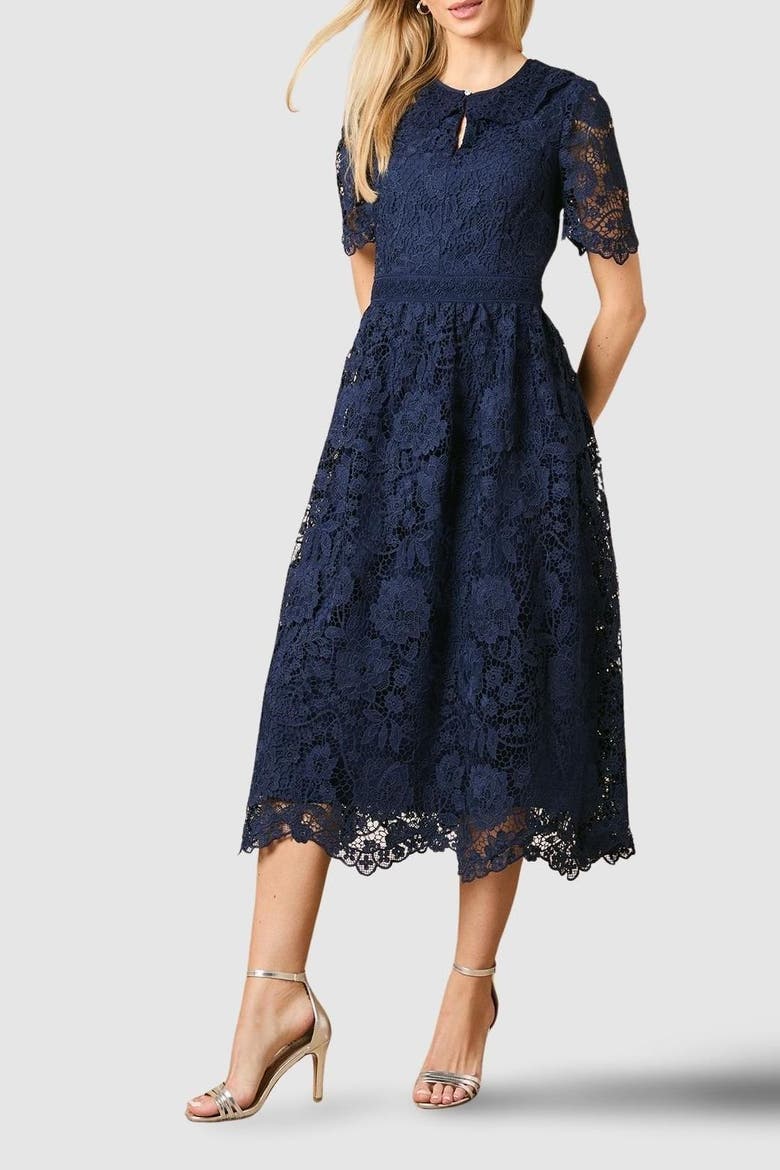 Occasion Lace Collared Midi Dress, Alternate, color, Navy
