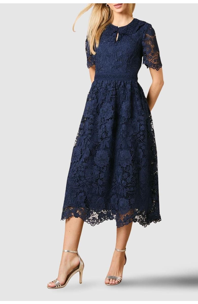 Oasis Occasion Lace Collared Midi Dress, Alternate, color, Navy