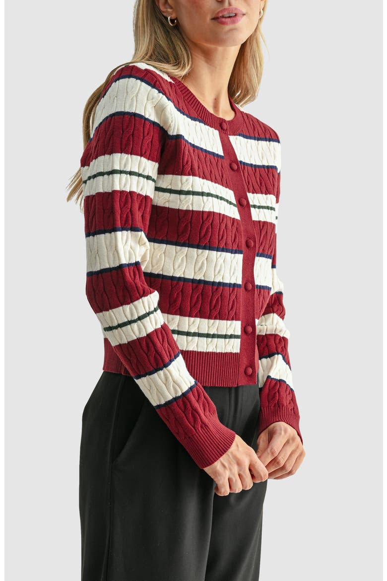 Striped Cable Knit Cardigan, Alternate, color, BURGUNDY CREAM STRIPE