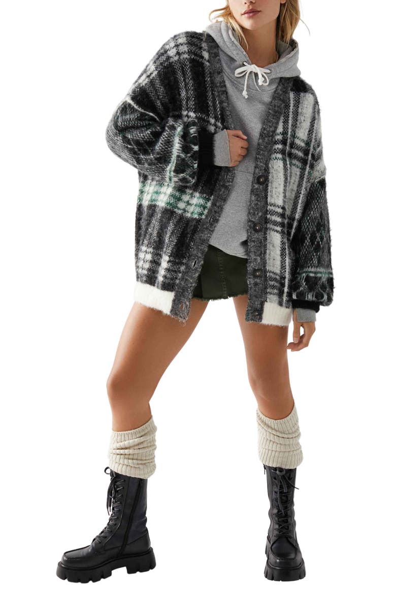 Sepia Plaid Jacquard Oversize Cardigan, Alternate, color, BLACK AND WHITE COMBO