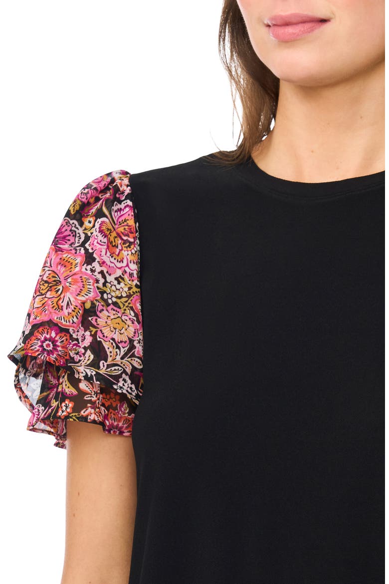 Floral Flutter Sleeve Top, Alternate, color, RICH BLACK FLORAL