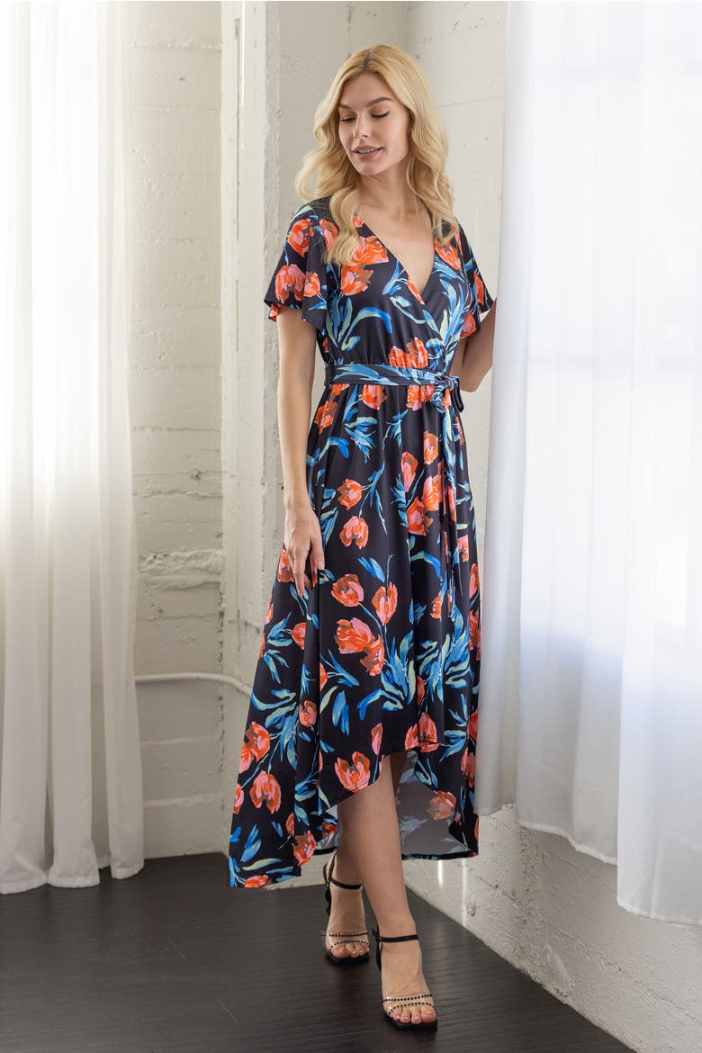 Floral V-Neck Belted High Low Faux Wrap Dress, Alternate, color, Navy Multi