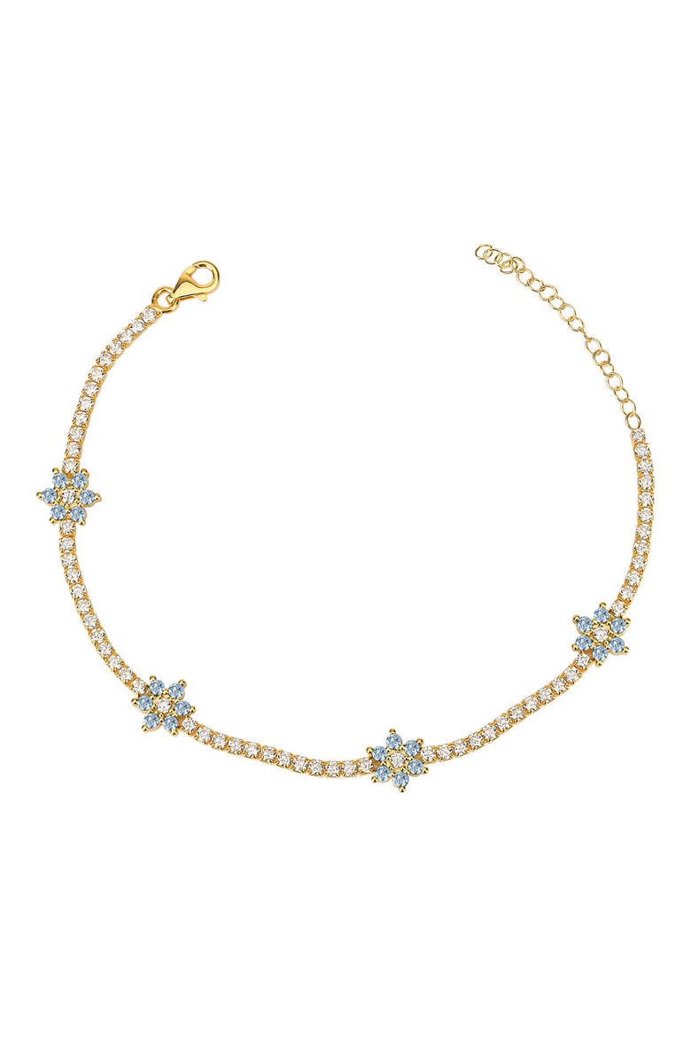 14K Gold Plated Sterling Silver Aquamarine Crystal Flower Tennis Bracelet, Main, color, GOLD