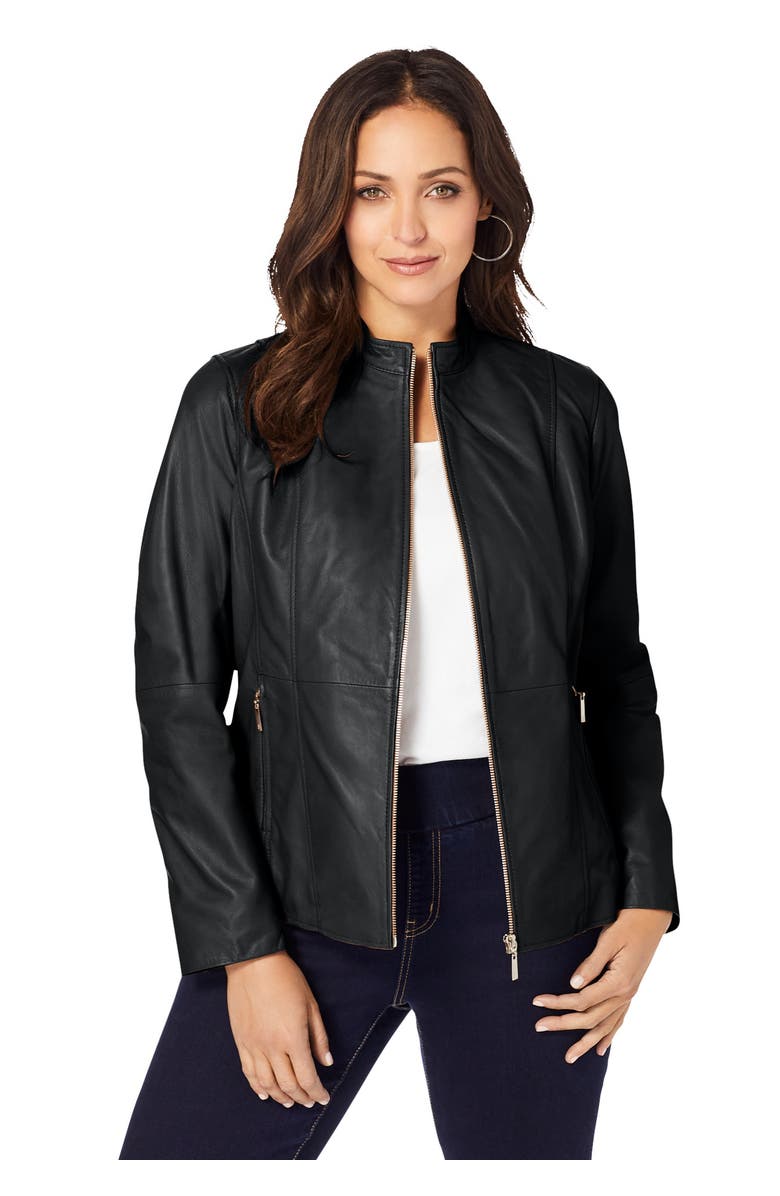 Jessica London Zip Front Leather Jacket, Main, color, Black